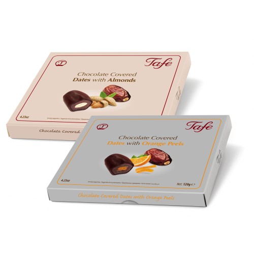 Çikolata Kaplı Bademli ve Portakallı Hurma 120g x 2 paket Çikolata Kaplı Bademli ve Portakallı Hurma 120g x 2 paket